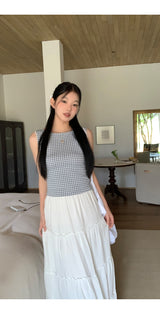 Blue Check Backless Ribbon Sleeveless Tee