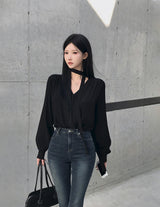 [Bellide made] デンゼル シルク Vネック ブラウス タイ付き