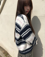 Nobin Stripe Contrast Collar Long Sleeve Knit