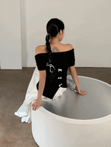 ブラック マカロン リボン オフショルダー T シャツ