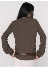 CONFUN Lantern Sleeve Sequin Embroidered Pleated Round Neck Top