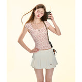 [GirlyFancyClub]U Vネック スリムフィット レオパードプリント ショートスリーブ Tシャツ