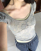 Kiha Lace See-Through Puff Cropped Short-Sleeved T-Shirt