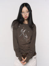 CONFUN Lantern Sleeve Sequin Embroidered Pleated Round Neck Top