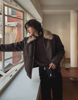 [premium] Frame Raccoon Collar Leather Jacket