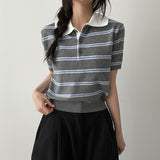 Classic Mood Stripe Car knit Short-sleeved T-shirt