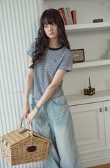 26SS★ Falling Cat Stripe Crop Short Sleeve Tee