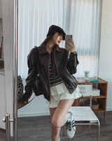 Pond cut washing two-way leather jacket