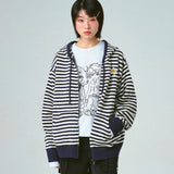 [UNISEX] Flower Dot Embroidery Knit Stripe Hooded Zip-up