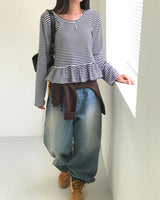 [MADE] Wove, border frill long sleeve T-shirt