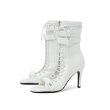 Double Strap Lace-Up Open Toe Heel(White)