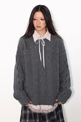 Heavy industry water-washed hand-distressed cable-knit sweater