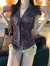Dot Silk Shirring Strap Short-Sleeved Blouse