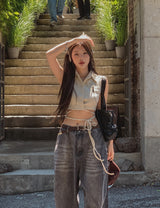 Lia strap ribbed sleeve shirt