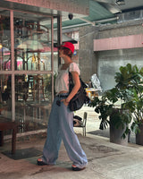 Light blue polka dots and wide pants