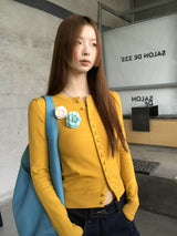 Flower Broach Yellow Round Cardigan