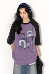 レトロウォッシュモザイクフィギュアラグラン半袖サマーTシャツ