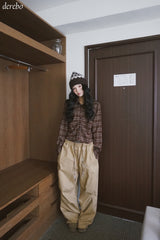 wool cotton shirring checkered long-sleeved shirt