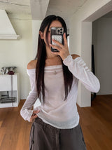 Ruffle see-through shirring drape long sleeve