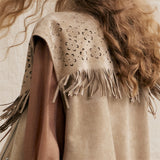 Camel Western Fringe Laser-Punched Suede Crop Vest