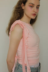 ONE SHOULDER RUFFLE TRIM TOP / LIGHT PINK