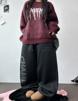 フリースラインドビーディドタトゥーレタープリントワイドロングパンツ 🖤✨ 3 COLOR