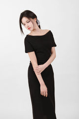 オフショルダースリットロングワンピース Black