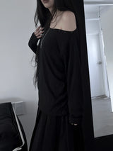 pin off-shoulder long sleeve T (2color)