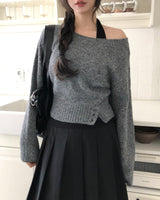 Chippo Button Boat Neck Wool Crop Knit