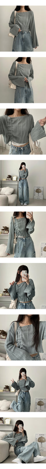 Pleated Unbalanced String Cropped Long-Sleeved Knitwear