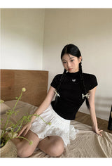 ハーフタートルネックブラックリボンショートスリーブtシャツ
