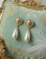 Ethnic Button and Long Pearl Earrings - Gold Color