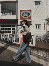 Shell washing wide balloon denim pants
