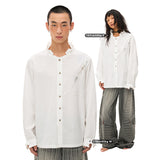 Printed raw pleated cotton and linen white shirt