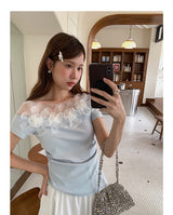 Asymmetrical Lace Trim Off-Shoulder Tee