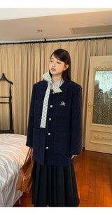 Renee Navy No Collar Round Half Coat