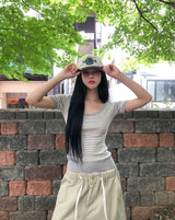 Tiny Stripe U-neck Elbow Length T-shirt