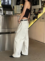 Stitch back strap wide denim pants(2color)