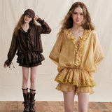 Unique Flare Wave Stripe Punched Drape Shirt Short Pants Set