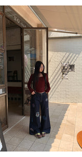 Stamp dark blue straight denim pants
