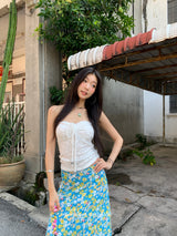 Waxy Blue Flower Long Color Skirt