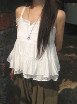 Mealing Frill Button Lace Flared Sleeveless Blouse