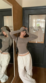 Beads Unbalanced Off-Shoulder Laced Long-Sleeved T-Shirt