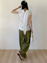 Tie-neck Strap Cap Sleeve Blouse