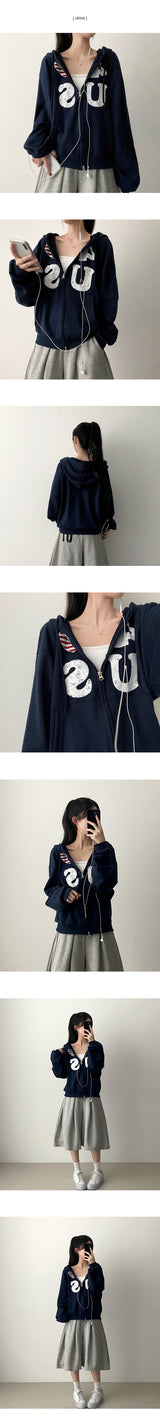 4US Heart American Flag Two-Way Hooded Zip-Up