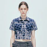 tie-dye western check crop shirts blue