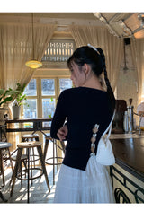 Back White Bow Long Sleeve Knit T-shirt