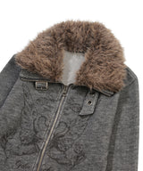 FUR COLLAR GRAPHIC KNIT ZIP-UP_GREY