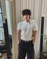 スロウリーボタンマッスルフィットリブドショートスリーブTシャツ