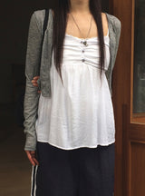 Kwi Shirring Button Flare Sleeveless Crop Cardigan